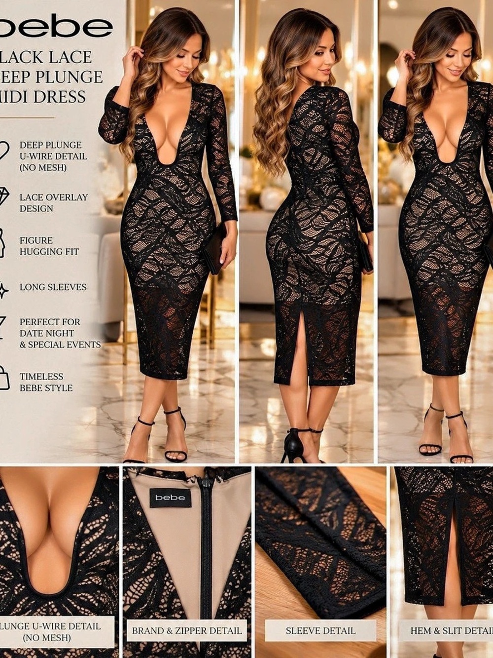 bebe Lace Midi Dress Black